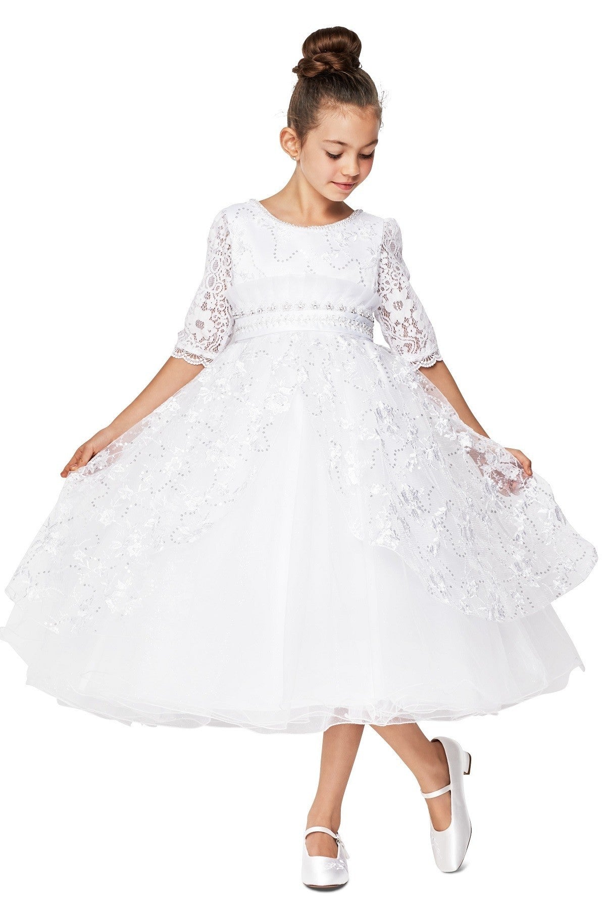 3/4 Sleeve Rhinestone Beaded Flower Girl Dress by Cinderella Couture USA AS2908