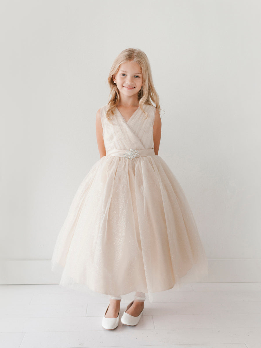 Champagne Glitter V Neck Tulle Dress W/ Rhinestone Brooch - Size: 4 | Pink Princess Champagne Glitter V Neck Tulle Dress W/ Rhinestone Brooch - Size: 4 | Pink Princess