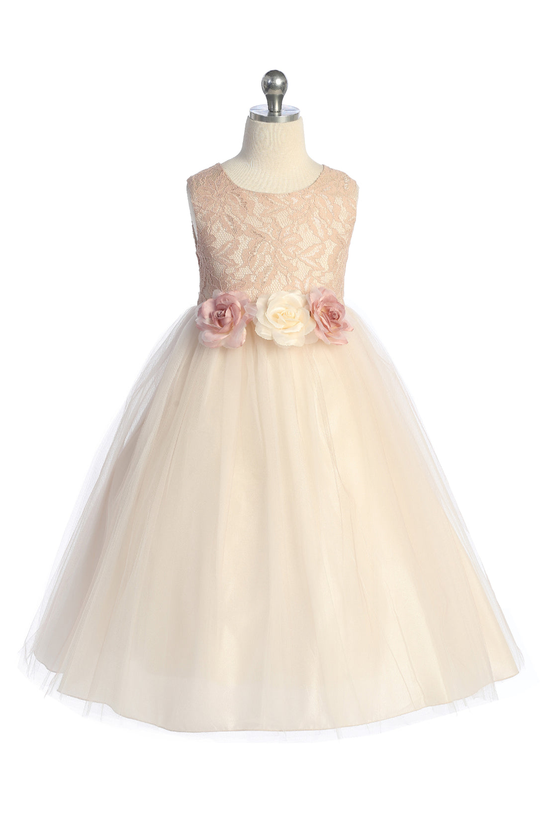 Long Lace Illusion Girls Dress with 3 Flowers 14 / Blush Long Lace Illusion Girls Dress with 3 Flowers 14 / Blush