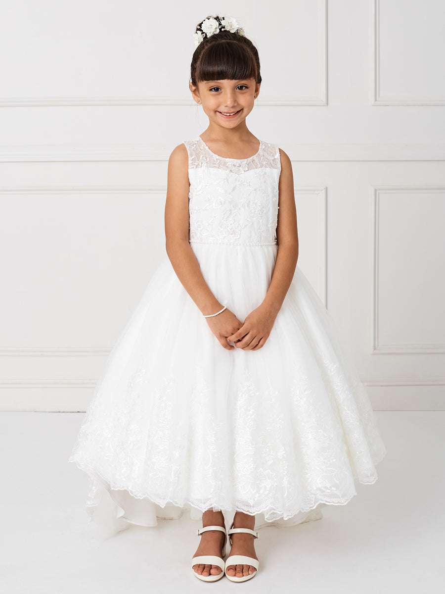 Ivory Girl Dress with Beautiful Illusion Neckline Dress - AS5797