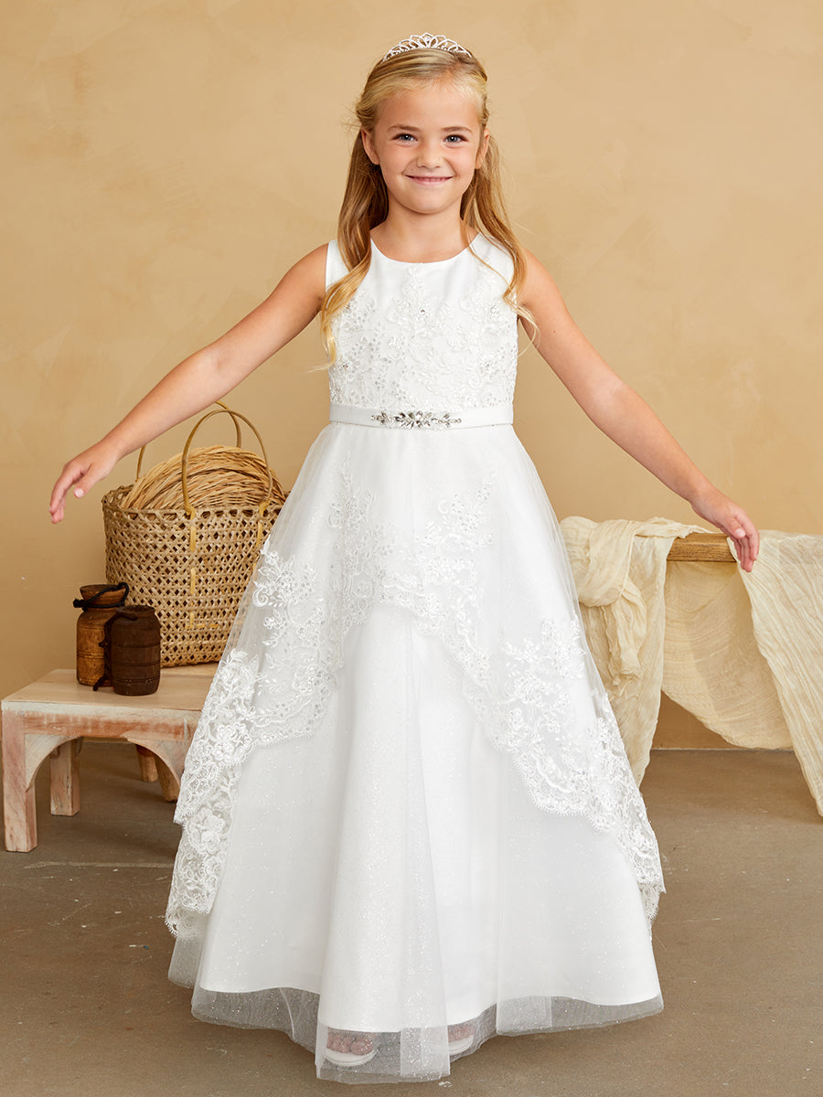 Ivory Girl Dress with Lace Bodice and Overlay Skirt - AS5838