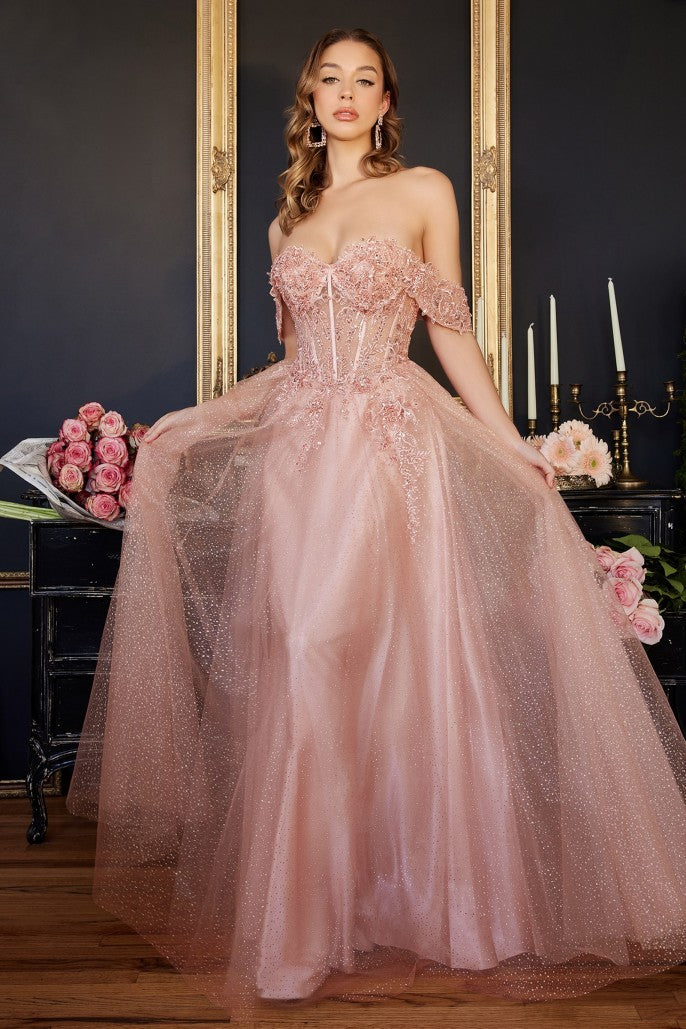 Off the Shoulder Lace A-line Corset Slit Gown By Ladivine CD0198 - Women Evening Formal Gown - Special Occasion