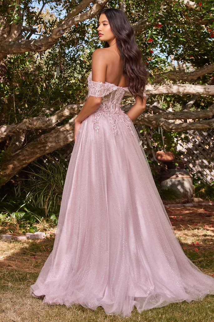 Off the Shoulder Lace A-line Corset Slit Gown By Ladivine CD0198 - Women Evening Formal Gown - Special Occasion