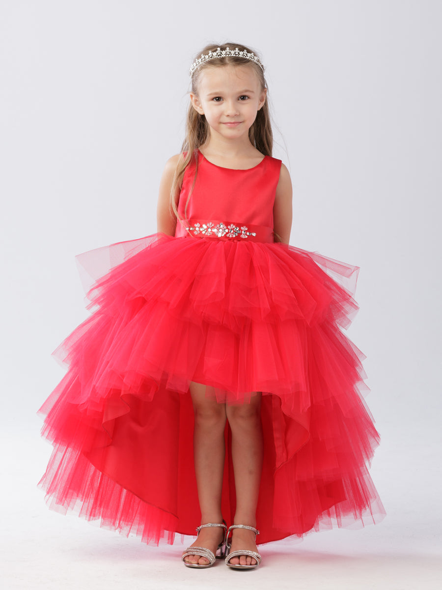 Red Girl Dress with Ruffled Tulle High-Low Dress - AS5658