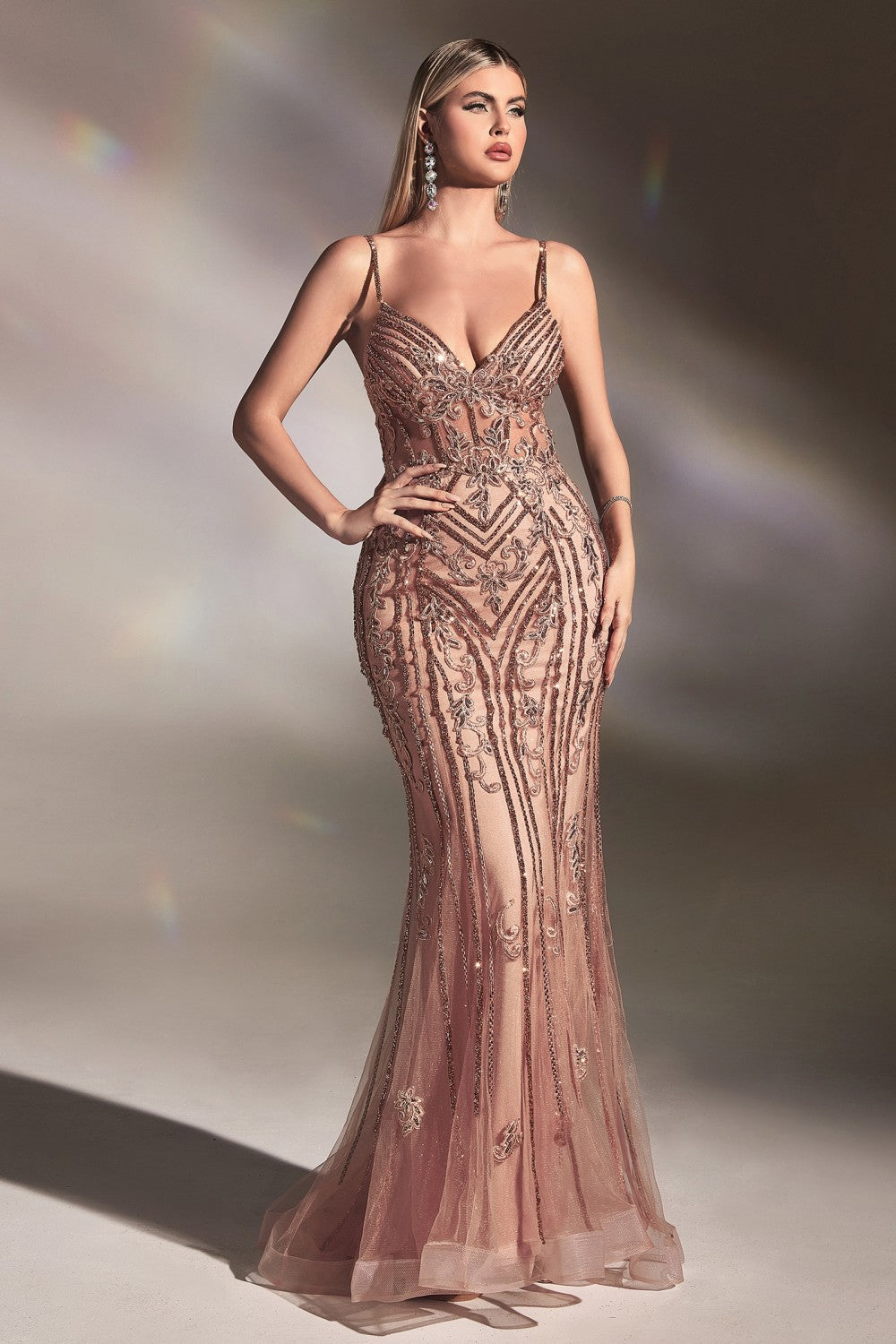 Rose-gold Deep V-Neck Corset Slit Gown CD992 - Women Evening Formal Gown - Special Occasion