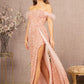 Rose Gold Feather Sequin Velvet Mermaid Slit Gown GL3163 - Women Formal Dress - Special Occasion-Curves