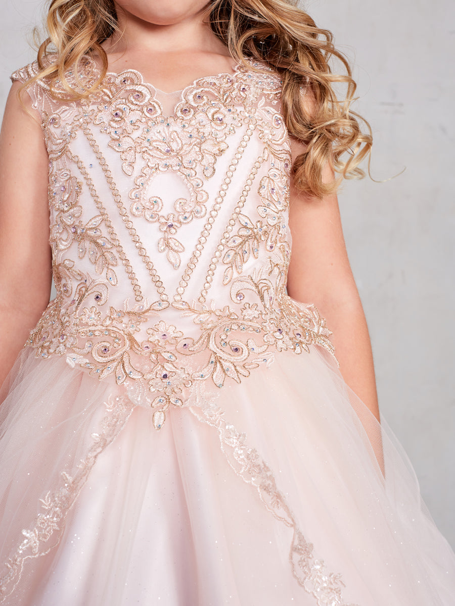 Rose Gold_2 Girl Dress with Metallic Corded Lace Bodice - AS7028
