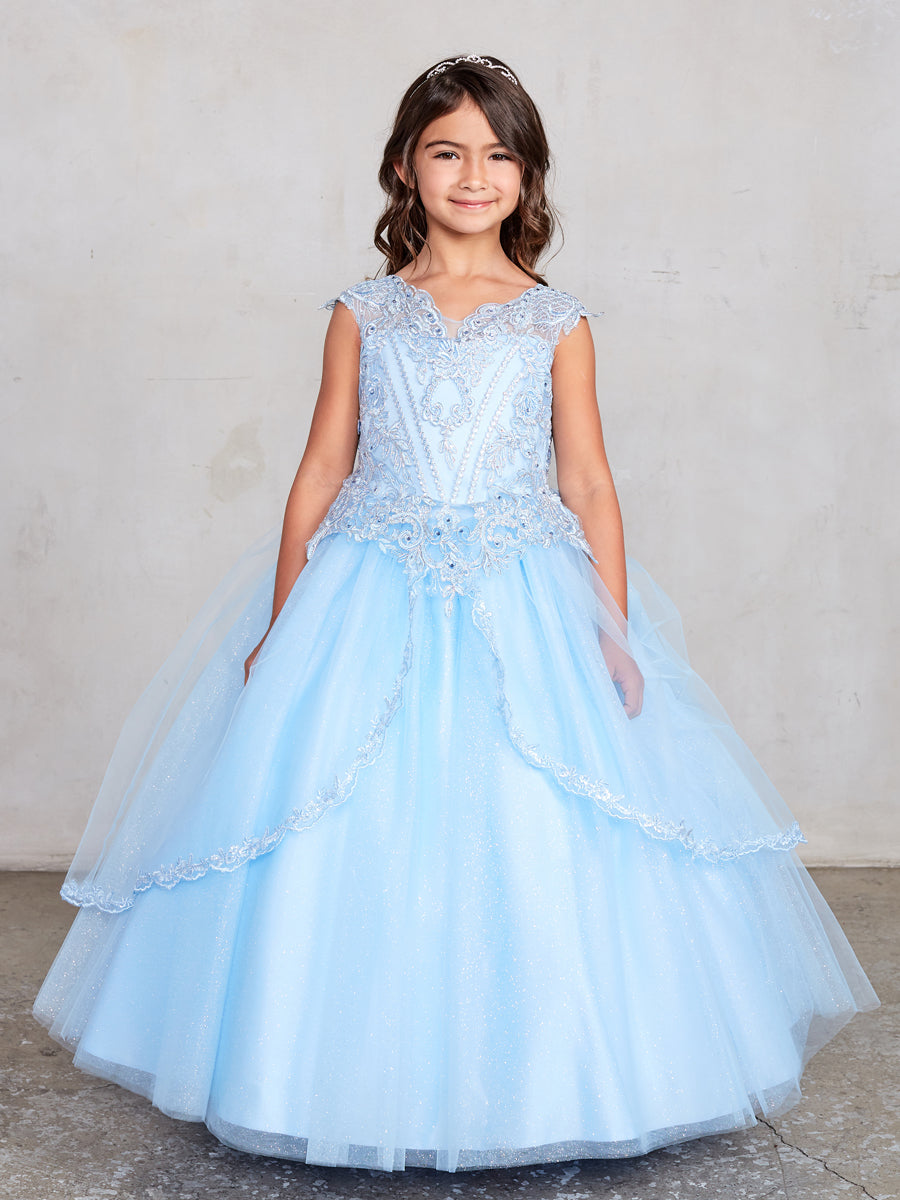Sky Blue Girl Dress with Metallic Corded Lace Bodice - AS7028