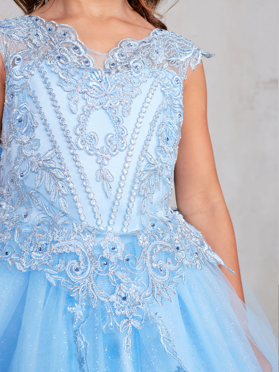 Sky Blue_2 Girl Dress with Metallic Corded Lace Bodice - AS7028