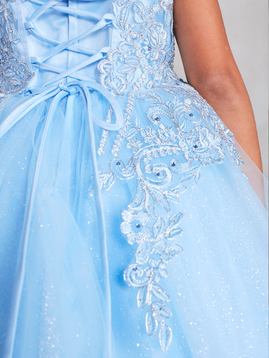 Sky Blue_5 Girl Dress with Metallic Corded Lace Bodice - AS7028
