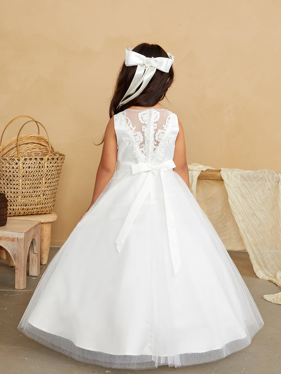 White_1 Girl Dress with Lovely Satin Bodice and Tulle Skirt Dress - AS5836