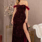 Wine Feather Sequin Velvet Mermaid Slit Gown GL3163 - Women Formal Dress - Special Occasion-Curves