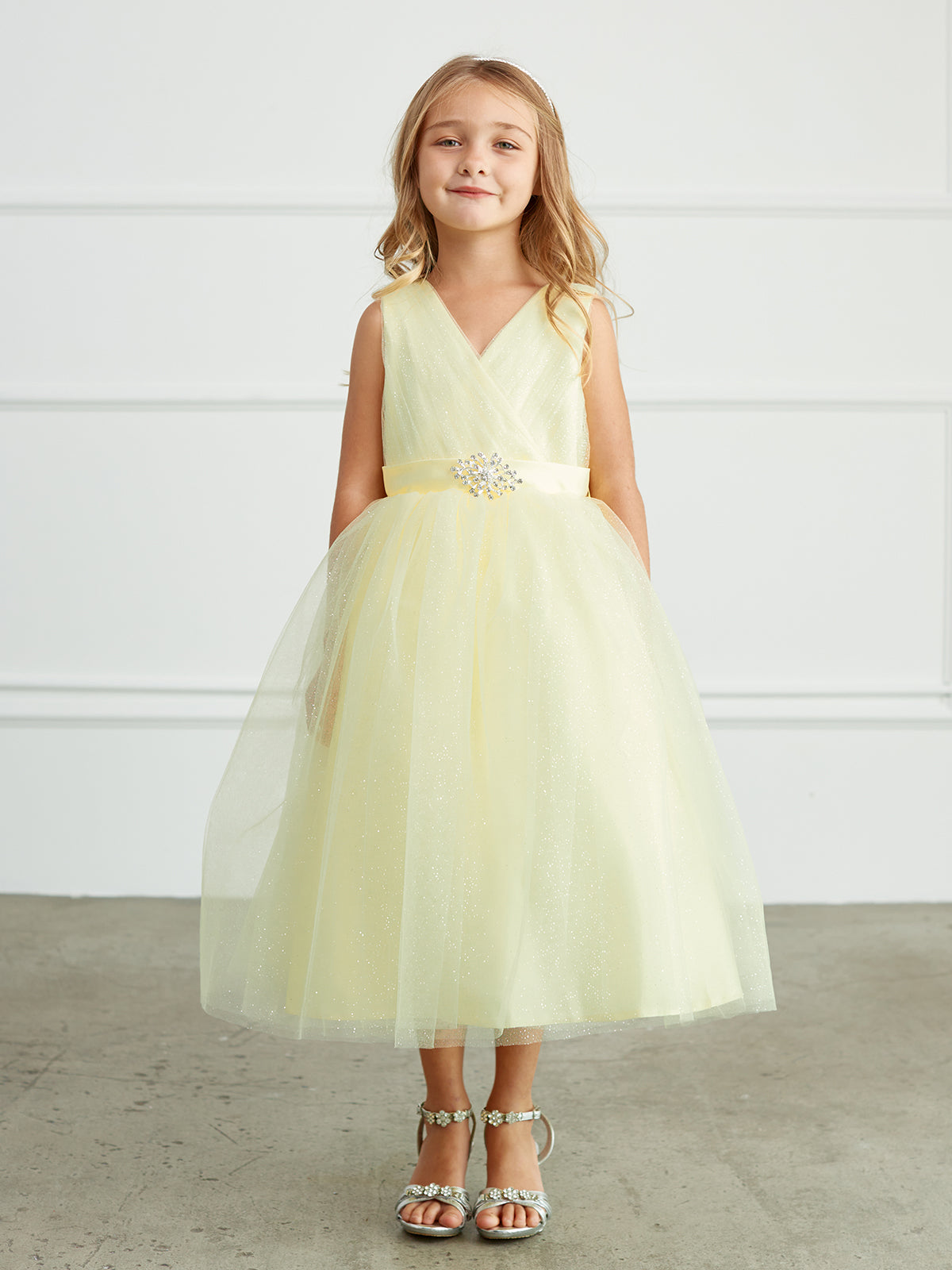 Yellow Girl Dress with Glitter V-Neck Tulle Dress - AS5698
