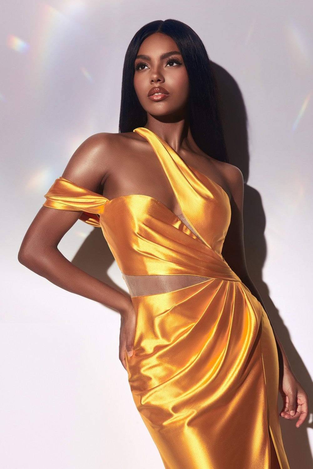 Yellow_1 Fitted Asymmetrical Satin Sheath Slit Gown Y025 - Women Evening Formal Gown - Special Occasion