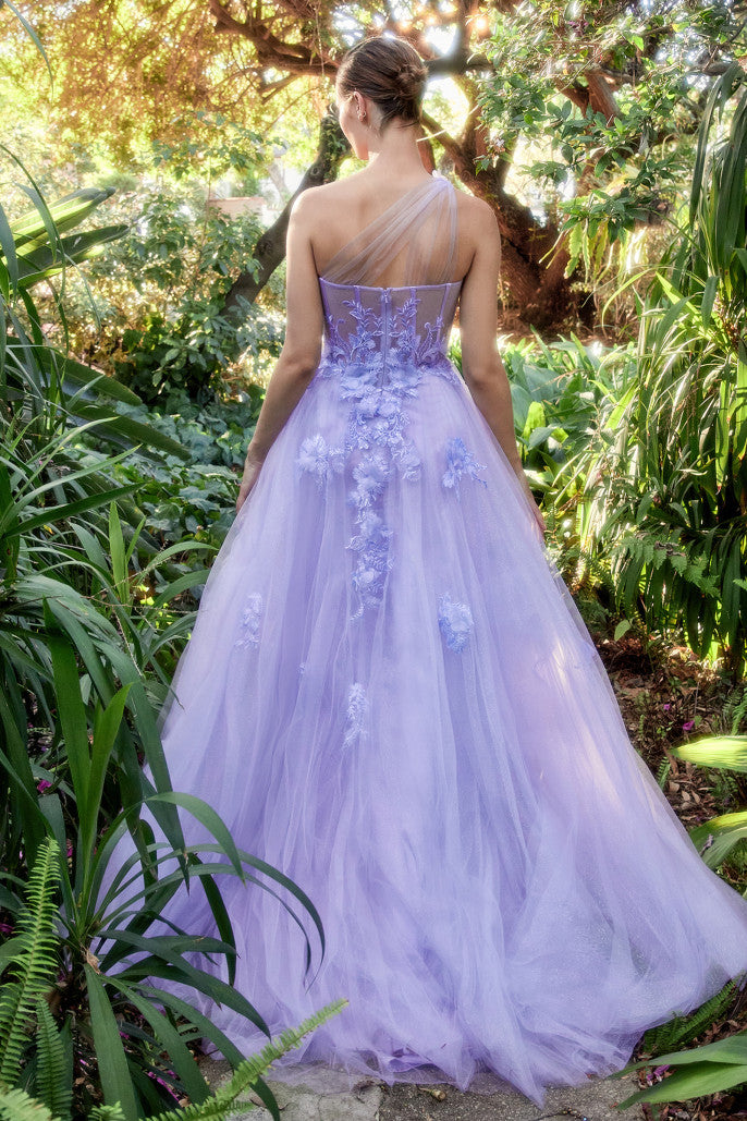 One Shoulder Illusion Tulle & Floral Bodice A-line Slit Gown by Andrea & Leo Couture A1053 LEILA GOWN - Special Occasion