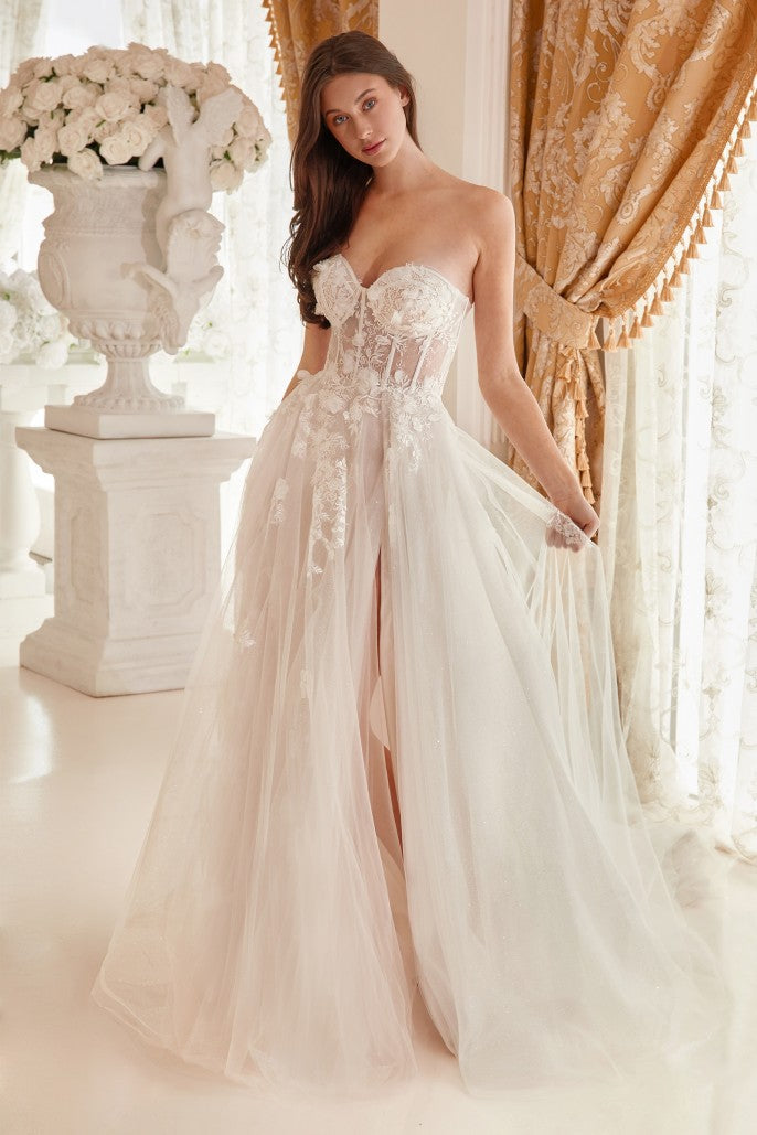 Strapless Floral Tulle A-Line Slit Bridal Gown by Andrea & Leo Couture Ariststyles Strapless Floral Tulle A-Line Slit Bridal Gown by Andrea & Leo Couture Ariststyles