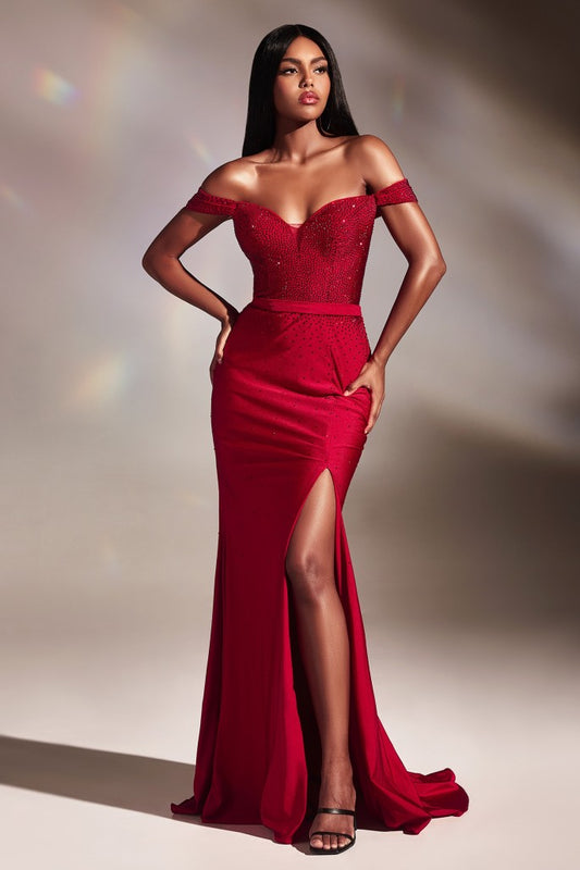 Off Shoulder Hot Stones Slit Gown By Ladivine CA106 - Women Evening Formal Gown - Special Occasion