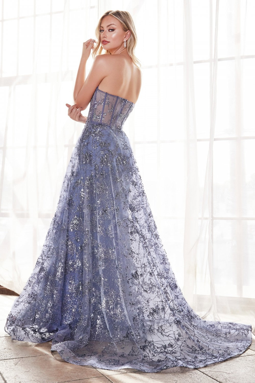 Strapless Fitted Glitter Floral Gown with Overskirt by Ladivine - CB046 - Special Occasion