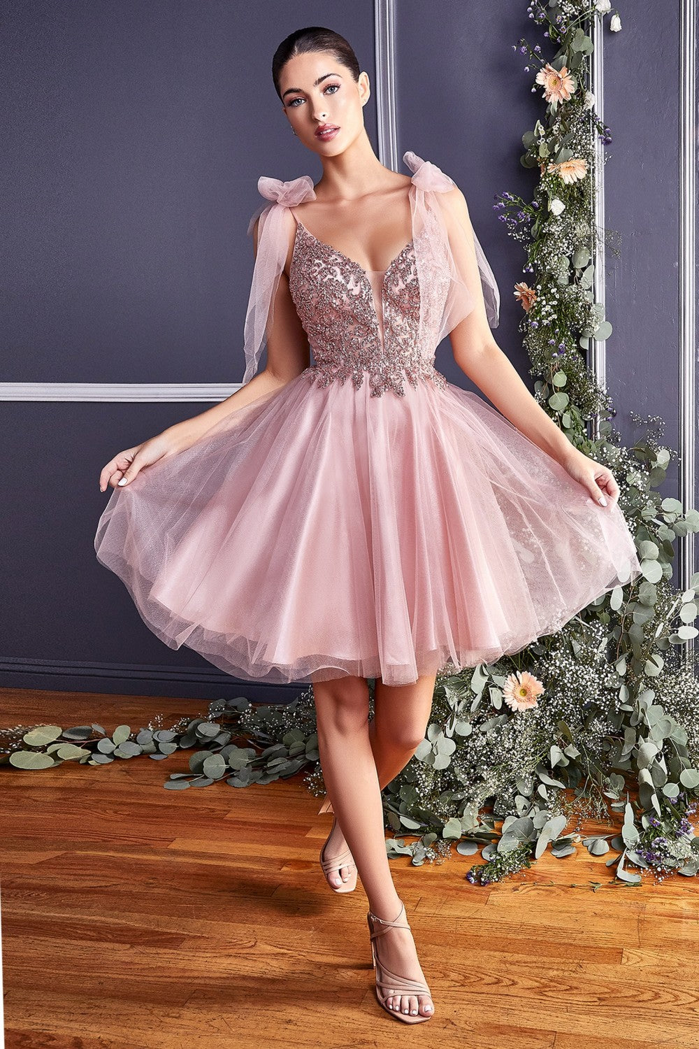 Beaded Lace Tulle A-Line Short Dress with Tulle Bow - Cinderella Divine CD0174