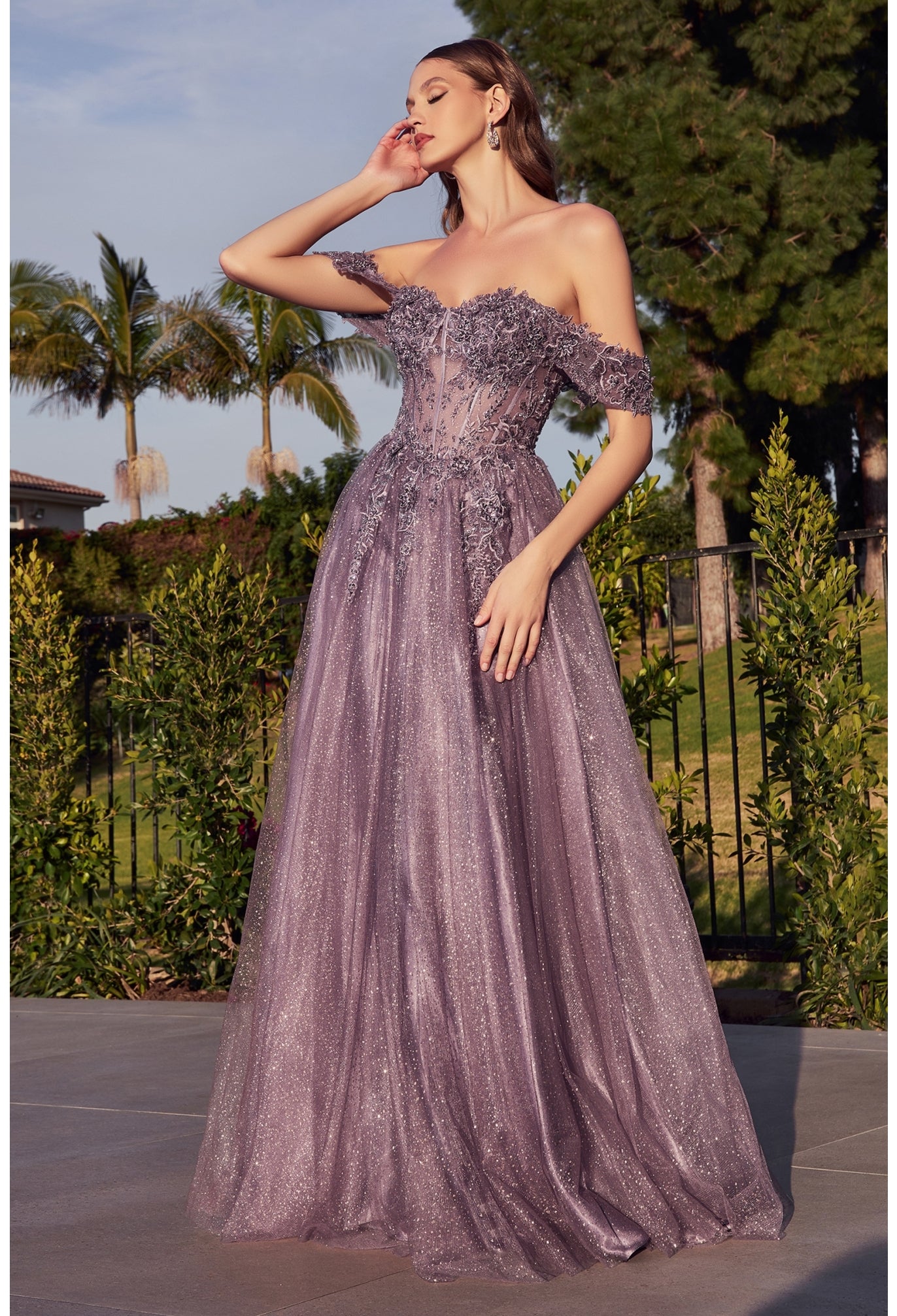 Off the Shoulder Lace A-line Corset Slit Gown By Ladivine CD0198 - Women Evening Formal Gown - Special Occasion