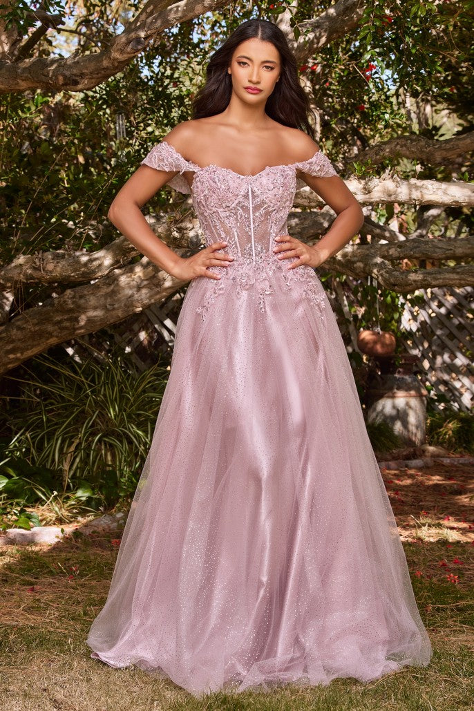 Off the Shoulder Lace A-line Corset Slit Gown By Ladivine CD0198 - Women Evening Formal Gown - Special Occasion