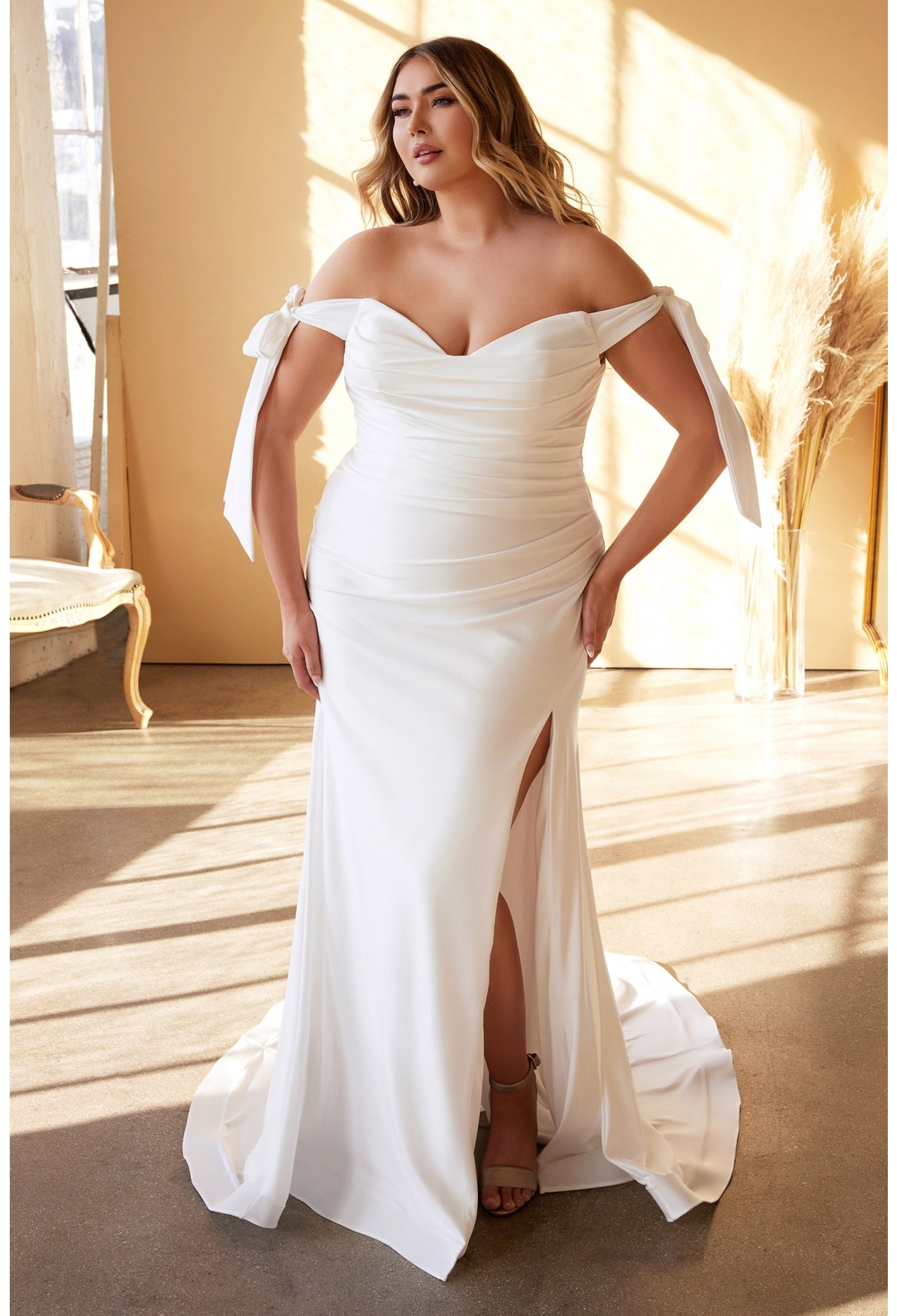 Off the Shoulder Tie Sleeve Pleated Mermaid Bridal Gown by