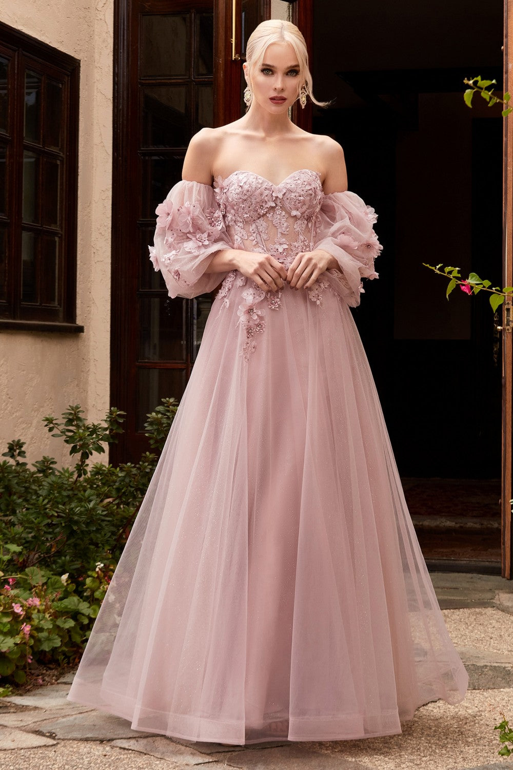 Long Sleeve Strapless Floral Off the Shoulder A-line Tulle Gown by Ladivine CD962 - Special Occasion/Curves