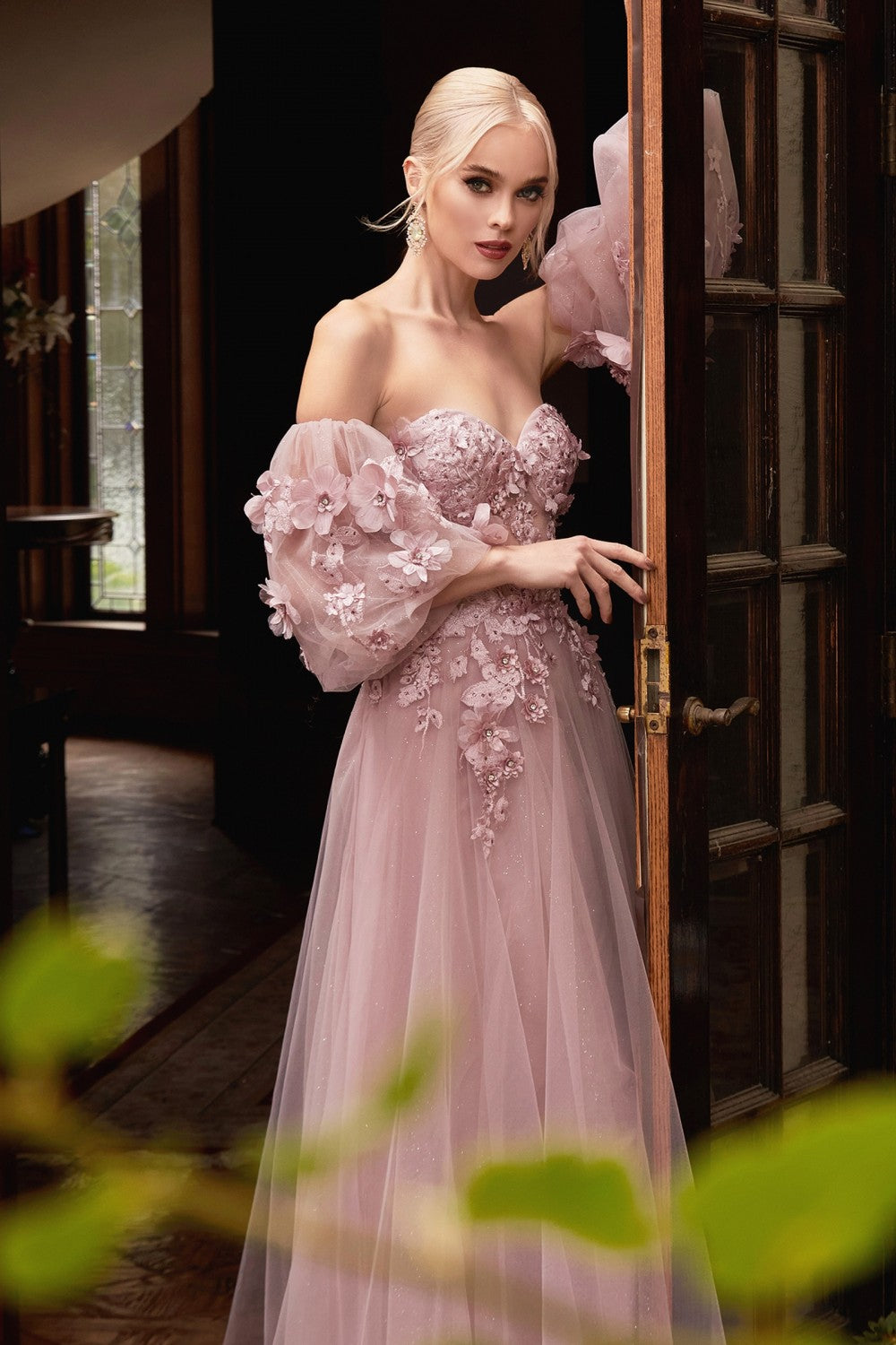 Long Sleeve Strapless Floral Off the Shoulder A-line Tulle Gown by Ladivine CD962 - Special Occasion/Curves