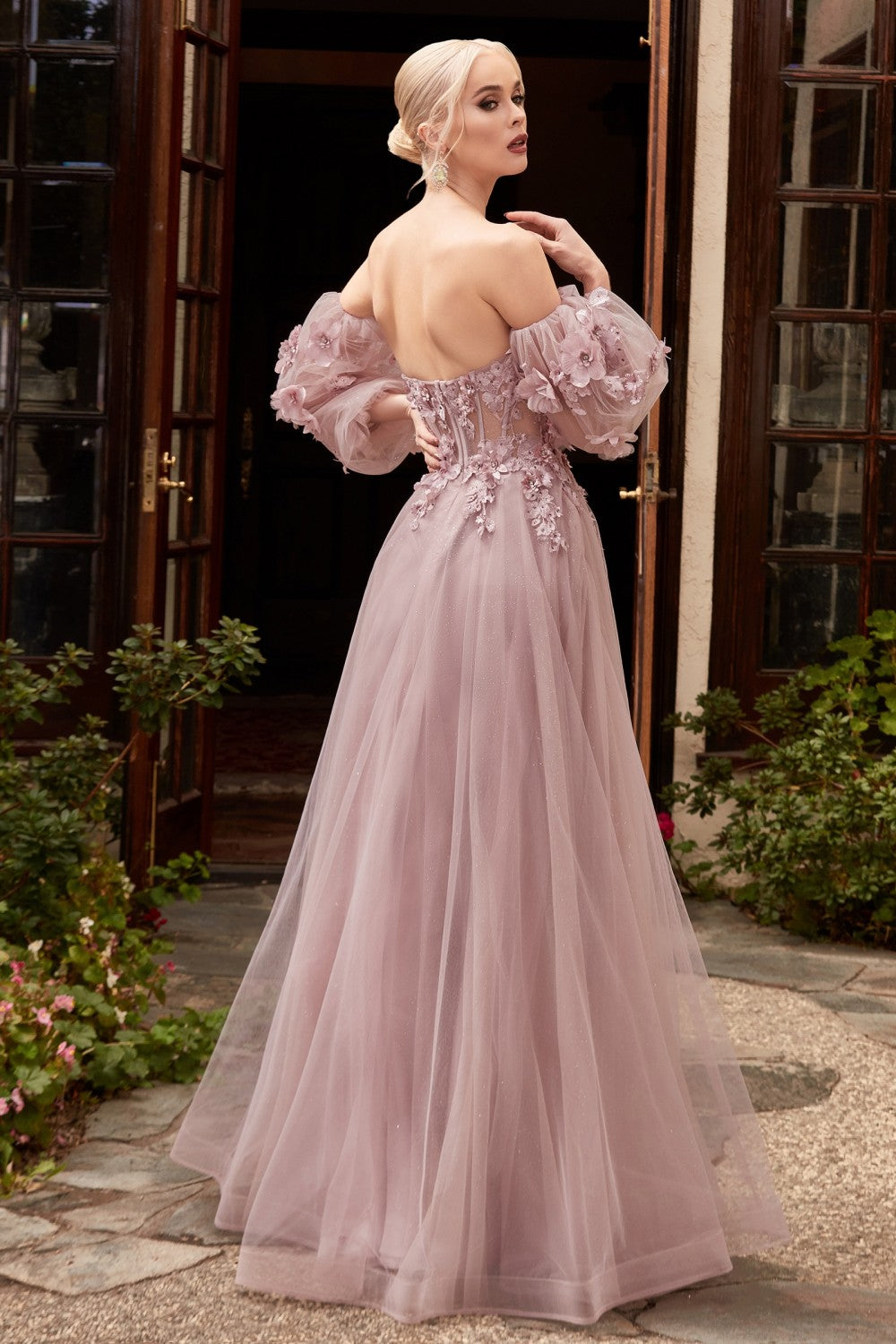 Long Sleeve Strapless Floral Off the Shoulder A-line Tulle Gown by Ladivine CD962 - Special Occasion/Curves