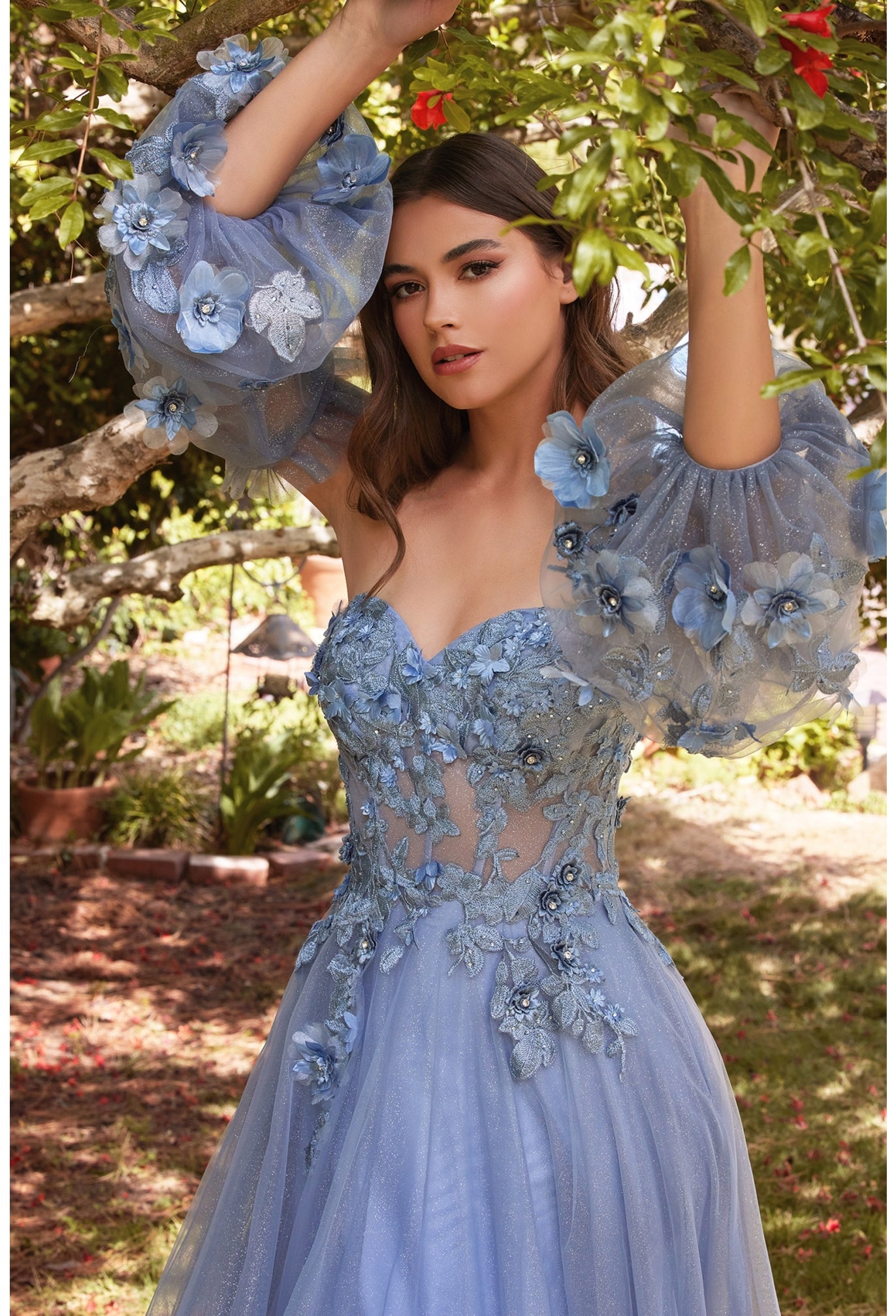 Long Sleeve Strapless Floral Off the Shoulder A-line Tulle Gown by Ladivine CD962 - Special Occasion/Curves