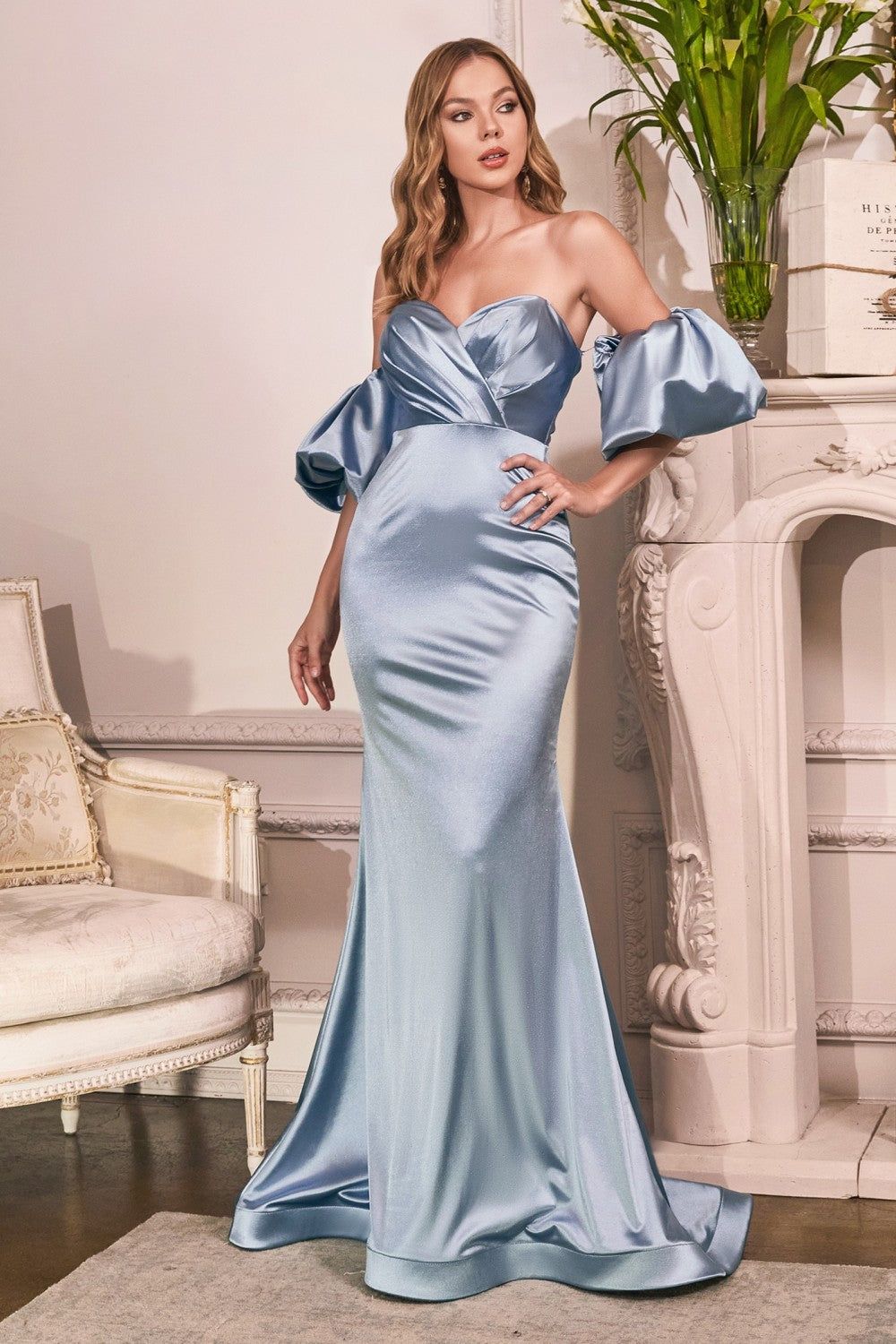 Satin Gown With Puff Sleeve by Cinderella Divine CD983C - Curves