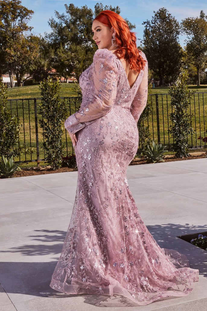 Long Sleeve Glitter Slit Gown By Ladivine CD989 - Women Evening Formal Gown - Special Occasion/Curves