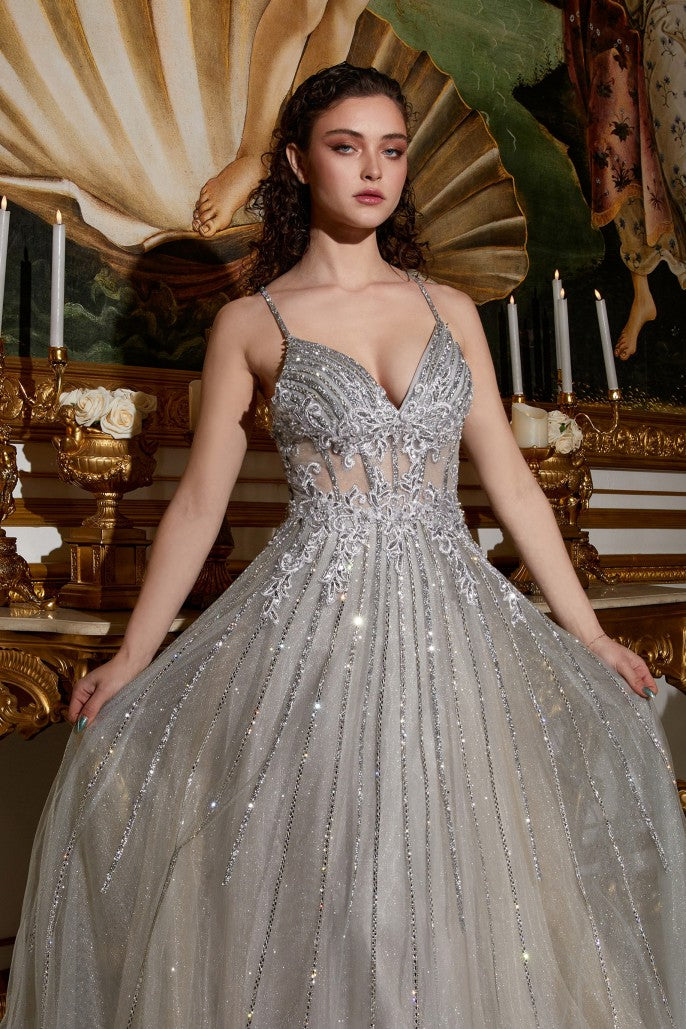 A-Line Beaded Lace Tulle Gown By Ladivine CD994 - Women Evening Formal Gown - Special Occasion