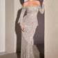 Sequin Off The Shoulder Long Sleeve Slit Women Formal Gown By Ladivine CH135 - Special Occasion/Curves