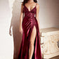 Burgundy Sexy Lace and Satin Slit Dress- Women Formal Gown -Cinderella Divine CM318 - Special Occasion