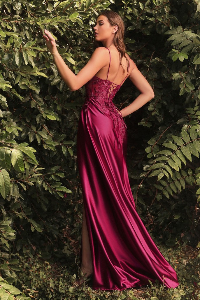 Sexy Lace and Satin Slit Dress- Women Formal Gown -Cinderella Divine CM318 - Special Occasion