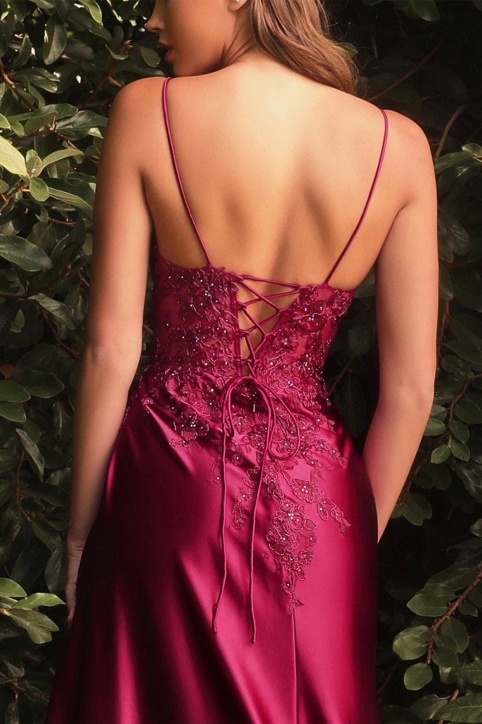 Sexy Lace and Satin Slit Dress- Women Formal Gown -Cinderella Divine CM318 - Special Occasion