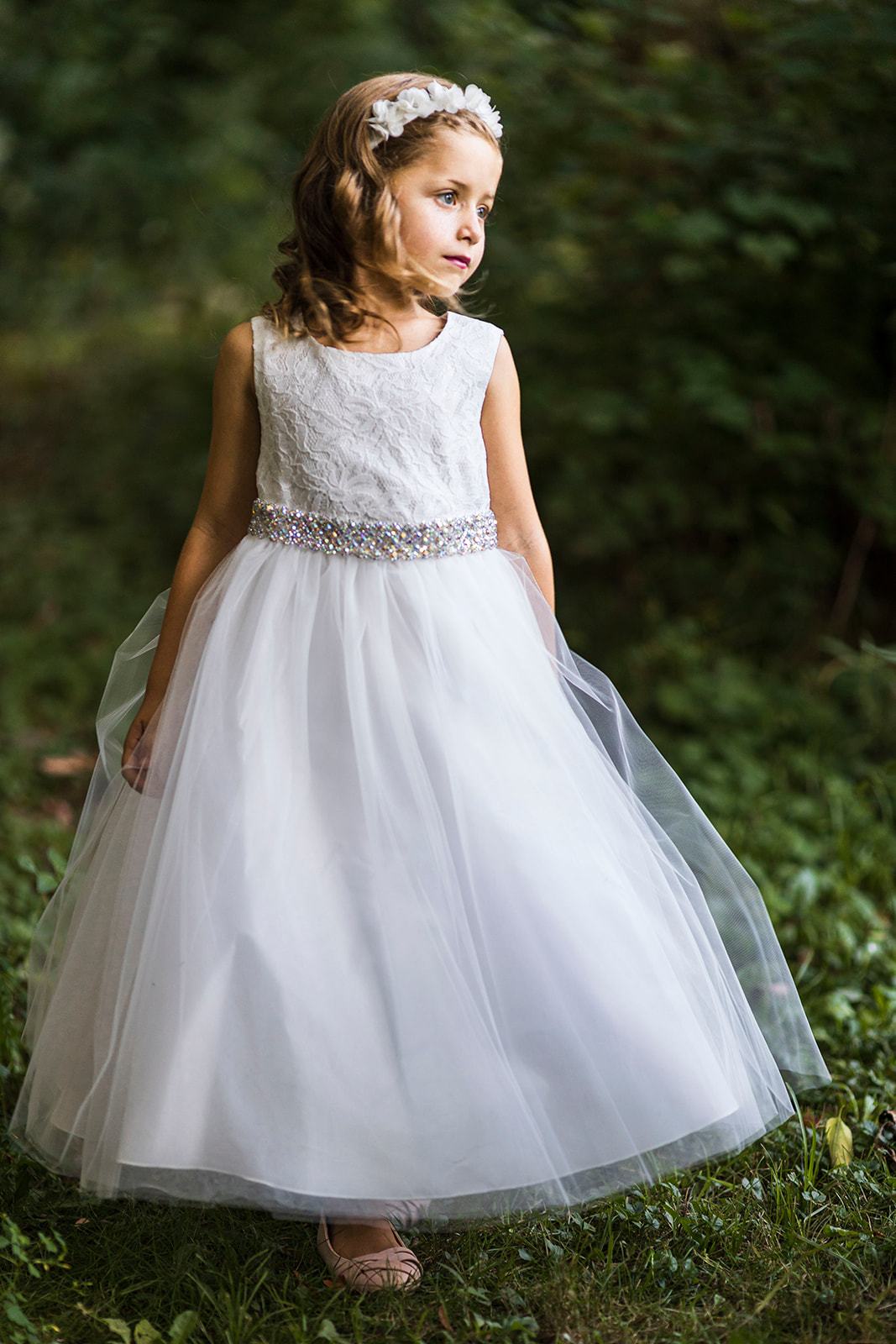 Long Lace Illusion Girls Dress with Thick Rhinestone Trim 12 / White Long Lace Illusion Girls Dress with Thick Rhinestone Trim 12 / White