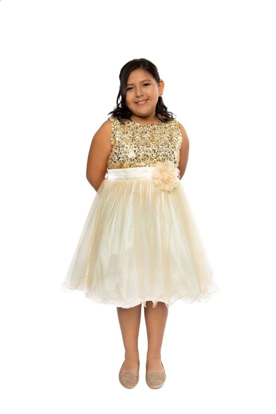 Gold Sequined Bodice W/ Double Layered Mesh Dress - Size: 8 | Pink Princess Gold Sequined Bodice W/ Double Layered Mesh Dress - Size: 8 | Pink Princess