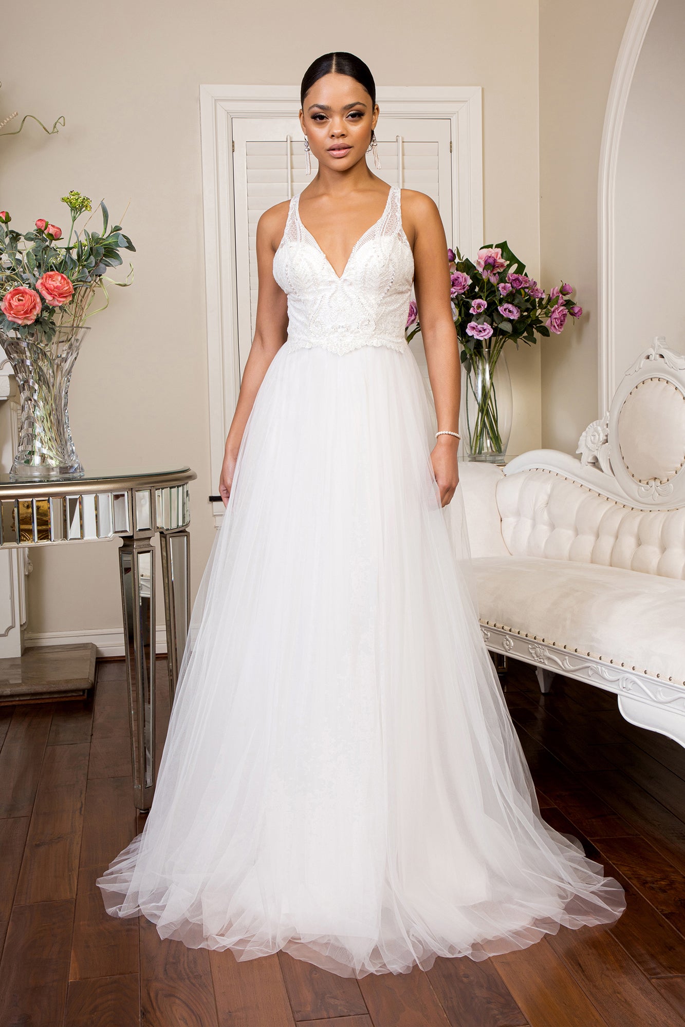 wedding dress with mesh Elizabeth K Bridal GL1901 - Long Mesh, Beads, Glitter A-line Dress