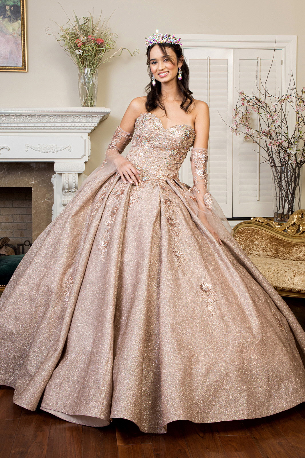 rose gold glitter quinceanera dress Pink quinceanera dress with Mexican Lace Florals, Big Bow, and Sequin Embellishments