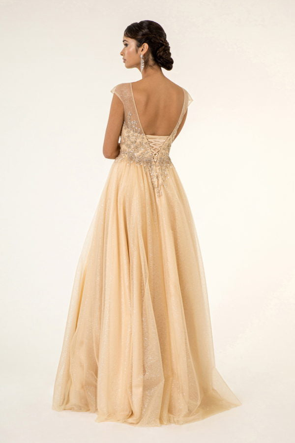Elizabeth K - GL1954 - Mesh Boat-Neck Glitter Dress