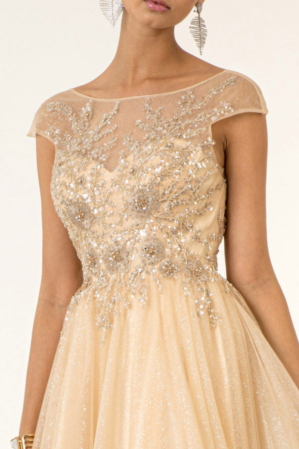 Elizabeth K - GL1954 - Mesh Boat-Neck Glitter Dress