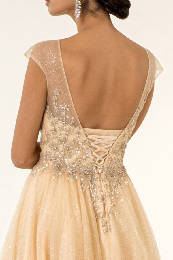 Elizabeth K - GL1954 - Mesh Boat-Neck Glitter Dress