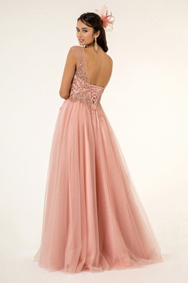 Elizabeth K - GL1954 - Mesh Boat-Neck Glitter Dress