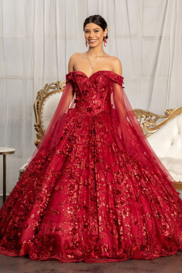 Elizabeth K - GL1970 - Glitter Mesh Cut-Away Shoulder Ballgown Quinceanera Dress