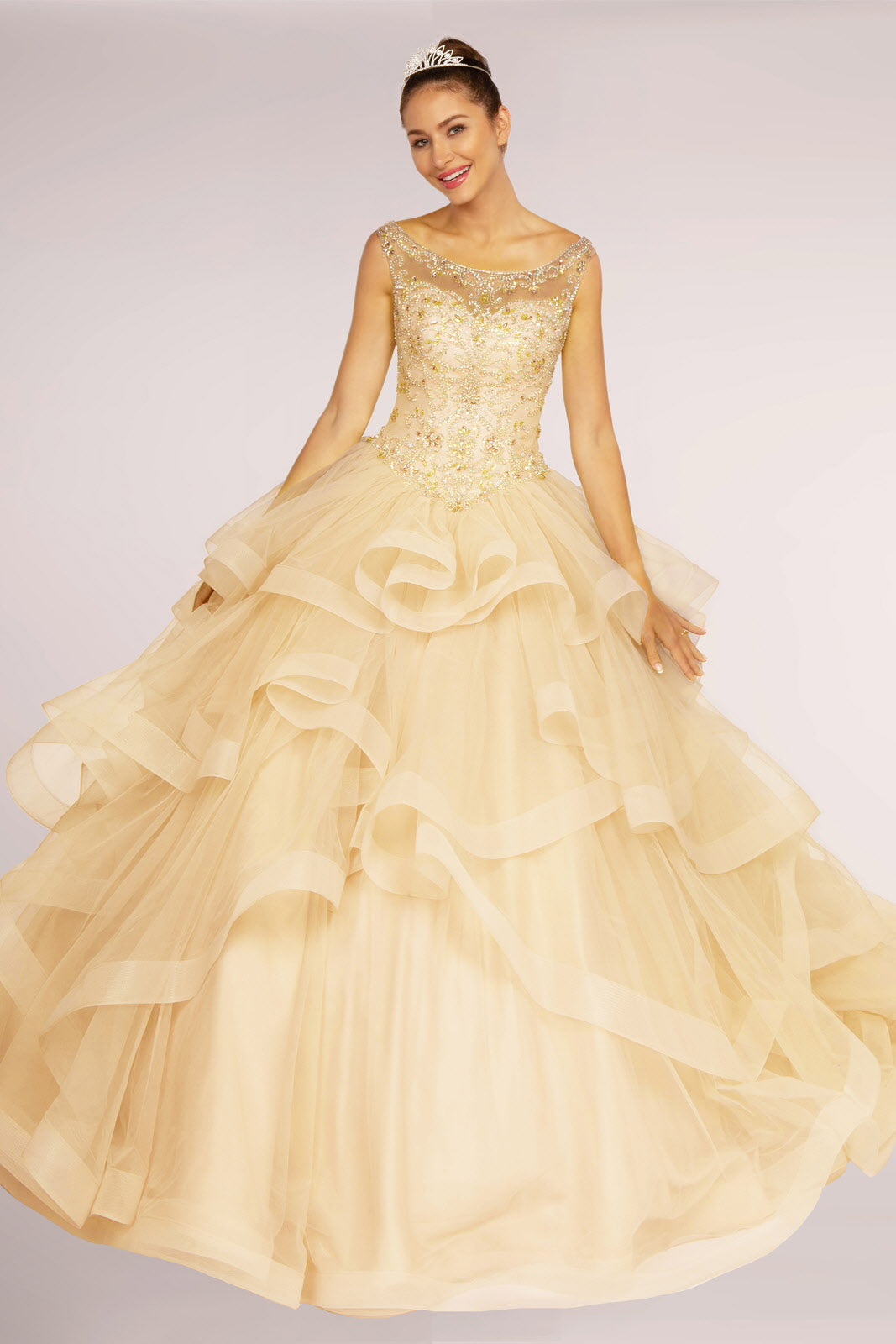 Elizabeth K - GL2517 - Embellished Boat Neck Layered Quinceanera Dress
