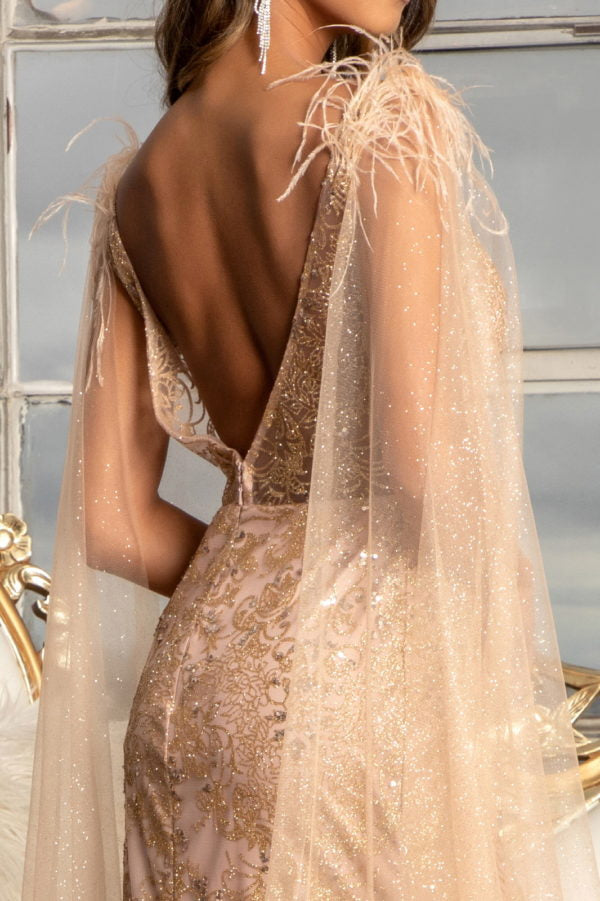 GL3047 - GLS by Gloria - Feather-Shoulder Embellished Glitter Mermaid Gown - Special Occasion/Curves