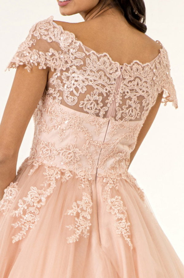 Elizabeth K - GS1953 - Embroidered Boat Neck Tulle Cocktail Dress - Short