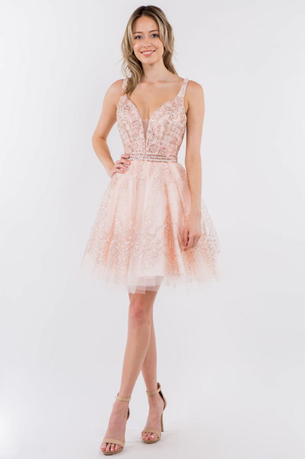 Elizabeth K - GS1965 - Jewel Accented V-Neck Cocktail Dress - Short